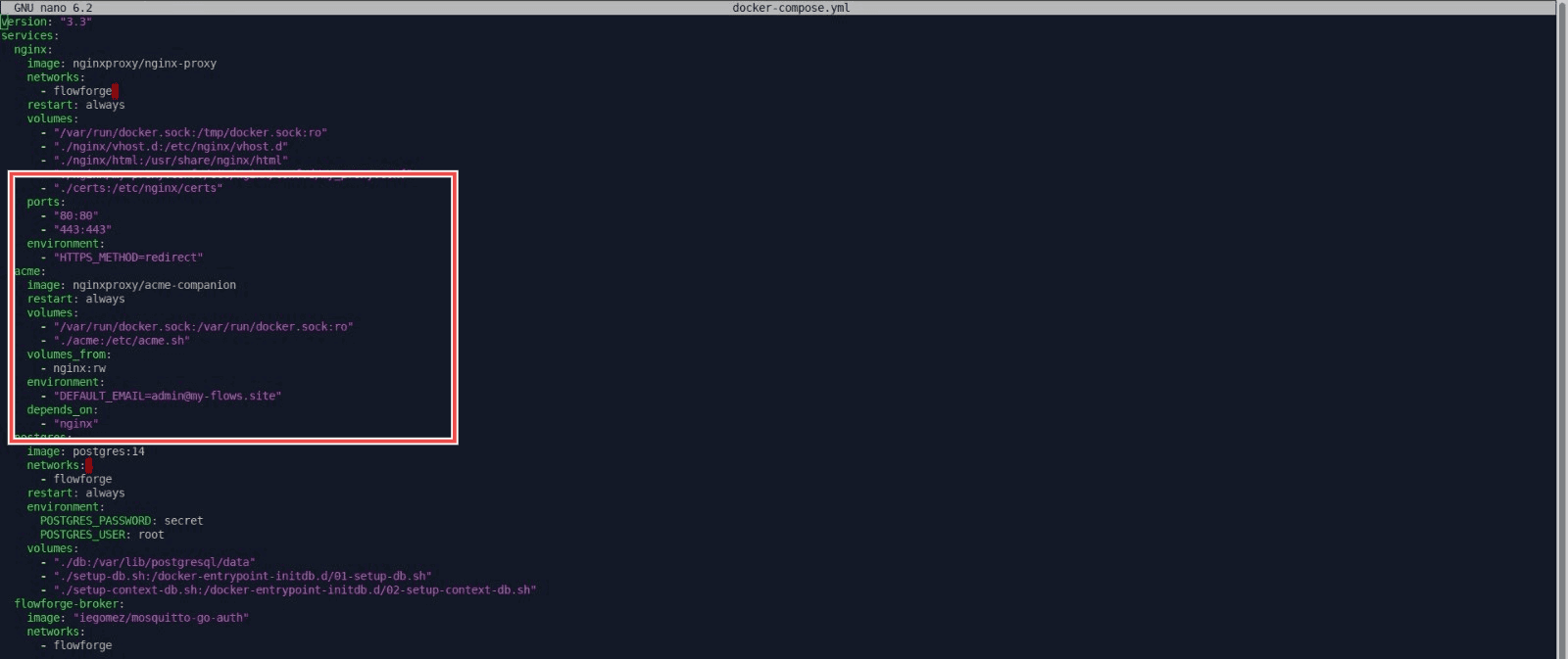 Screenshot the terminal showing the update made in `docker-compose.yml` file for ssl configuration "Screenshot the terminal showing the update made in docker-compose.yml file for ssl configuration"